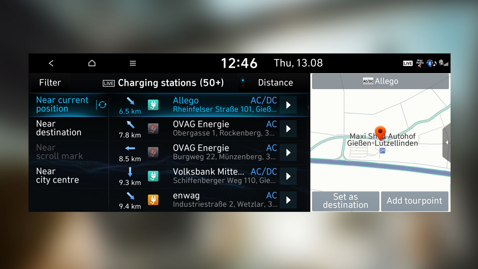 Screenshot of the Hyundai navigation system showing a list of charging stations.