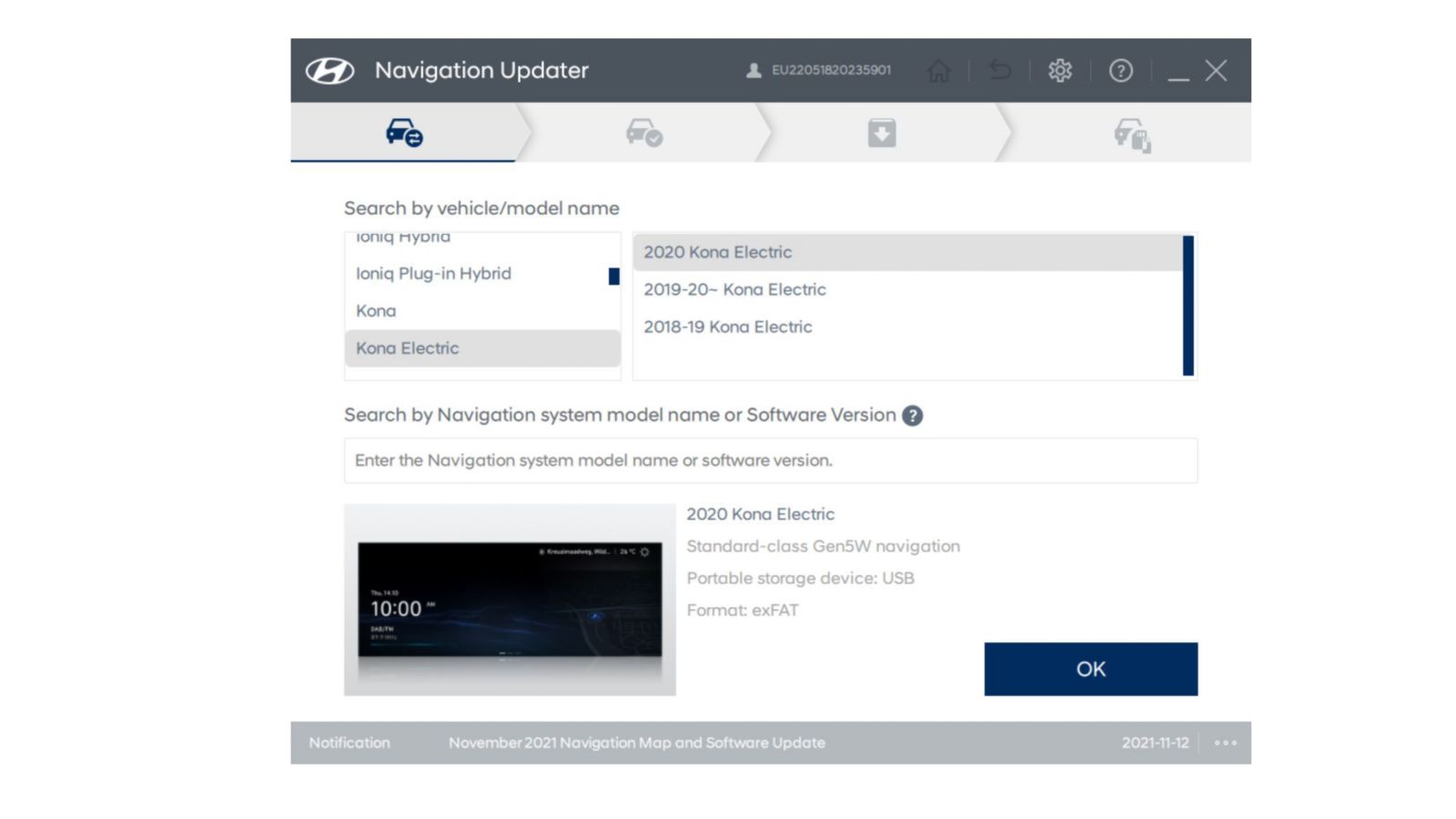 Screenshot showing step 1 of the software download process at the Hyundai Navigation Update Portal.