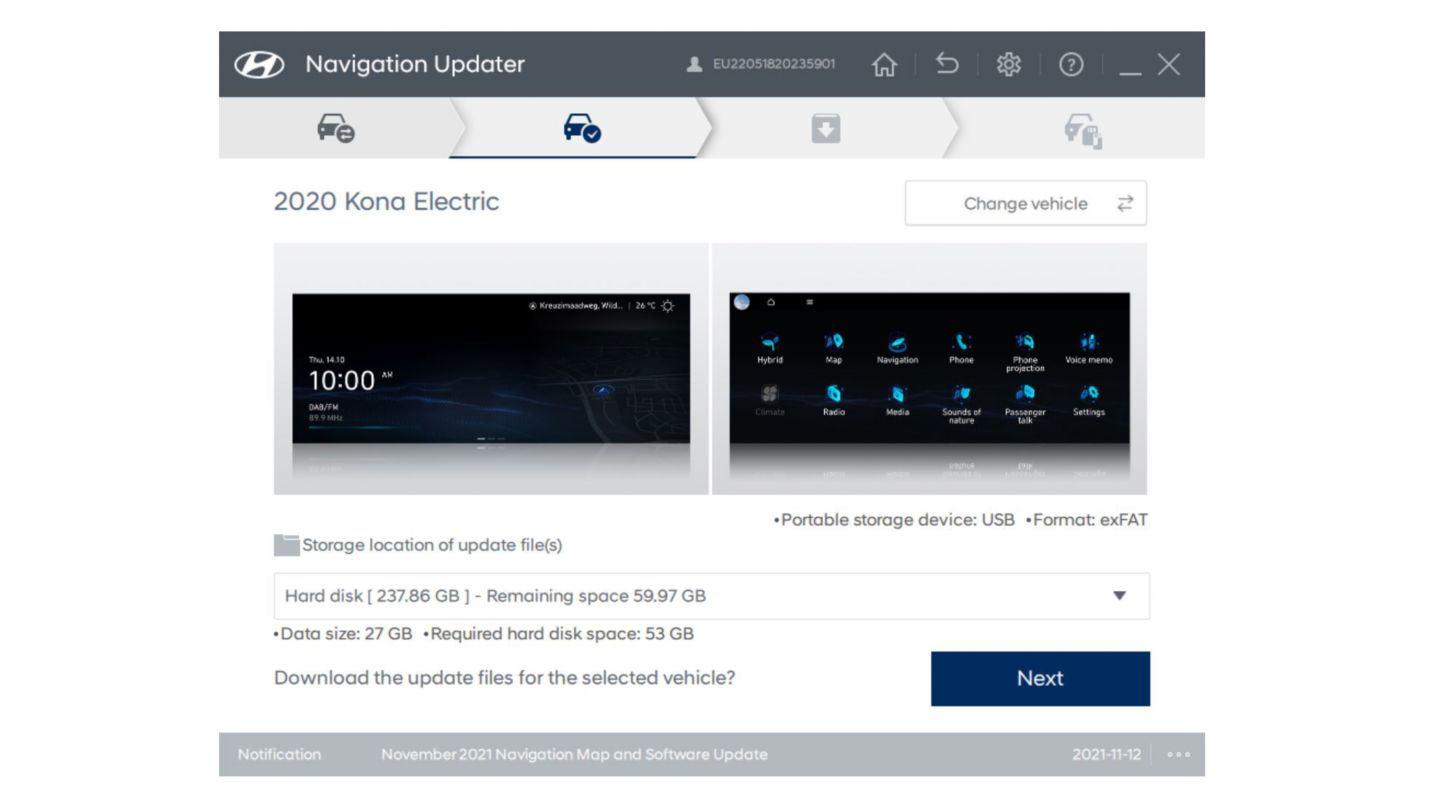 Screenshot showing step 2 of the software download process at the Hyundai Navigation Update Portal.