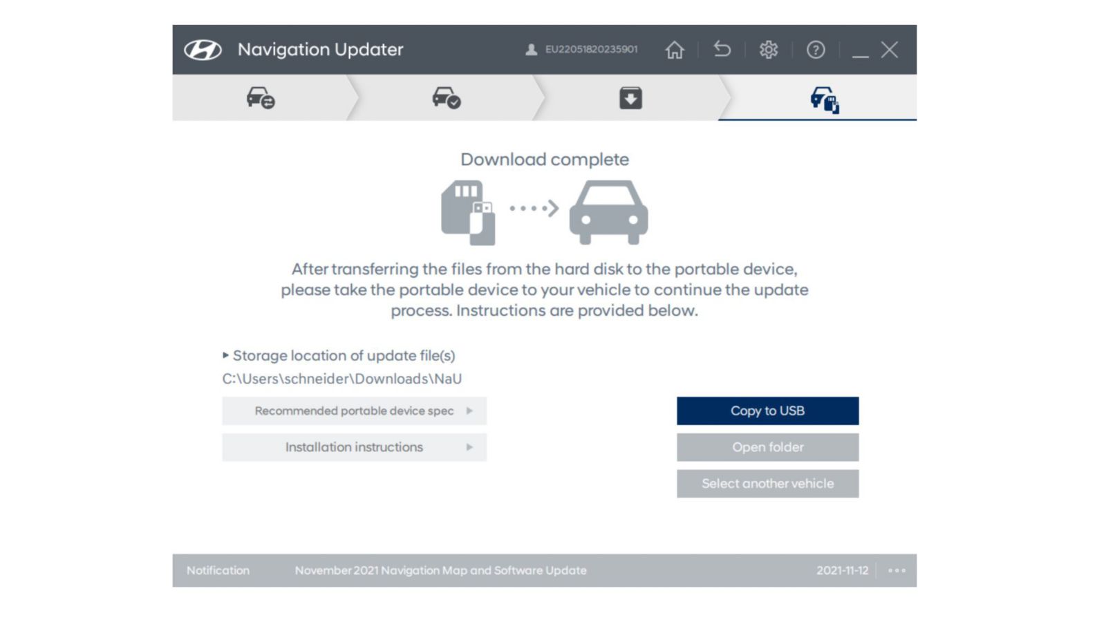 Screenshot showing step 4 of the software download process at the Hyundai Navigation Update Portal.