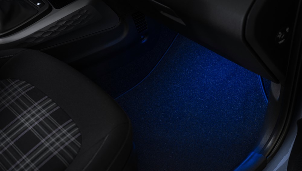 The Hyundai i10 interior with active LED ambient lighting.